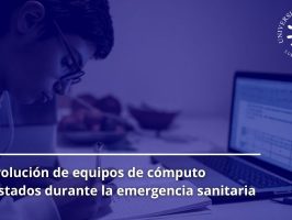 Persona estudiante de forndo y el texto que dice que por favor devolver los equipos de computo prestados