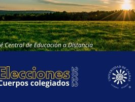Imagen que muestra un campo verde y soleado con un texto acerca de las elecciones de cuerpos colegiados