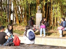 Estudiantes em día soleado en la sede central de la Universidad de Caldas