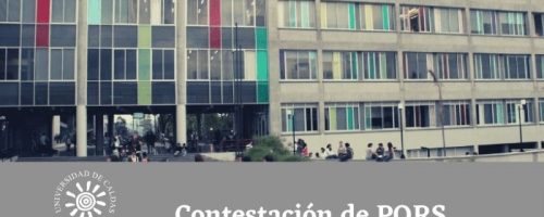Imagen que muestra el edificio central con un texto que dice: Contestación de PQRS