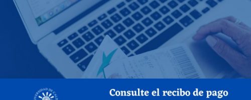 Imagen con filtro azul, con un computador de fondo y texto de consulta de recibos de pago